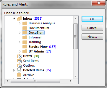 Rules and Alerts dialog for creating or selecting a folder to move emails into.