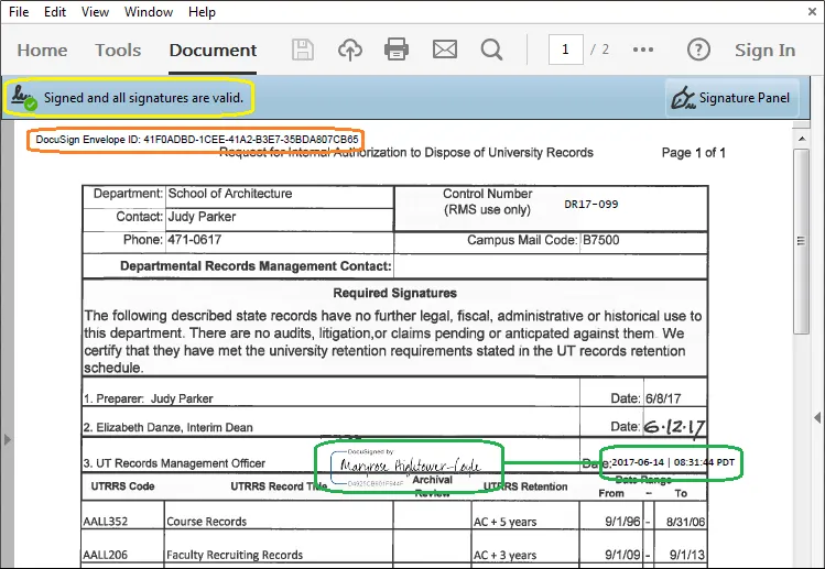 Adobe Reader View of Signed Document