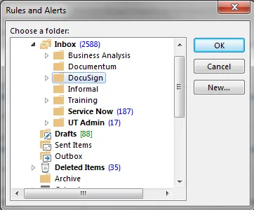 Rules and Alerts dialog for creating or selecting a folder to move emails into.