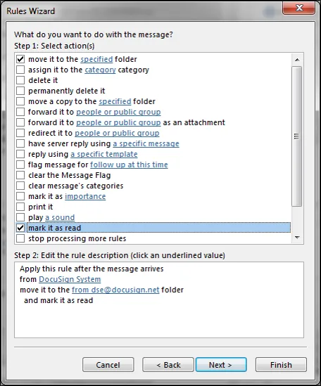 Check Mark as Read then Finish on the Rules Wizard