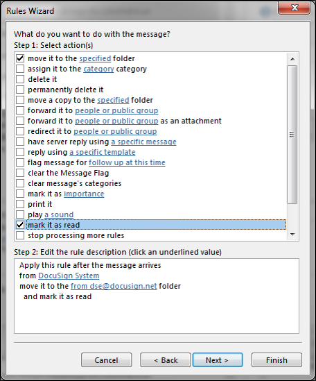 Check Mark as Read then Finish on the Rules Wizard