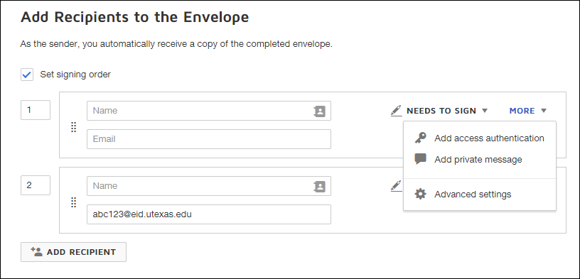 Screen grab of recipient verification options